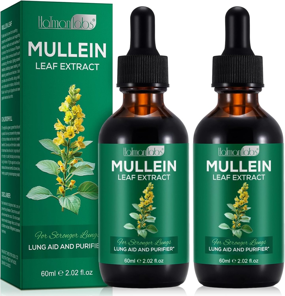2 Pack Mullein Tropfen für Lunge, natürliche Mullein Kräuter-Ergänzungen, Mullein Blatt-Extrakt für Lung Cleanse und Respiratory Support, 2.02 fl oz