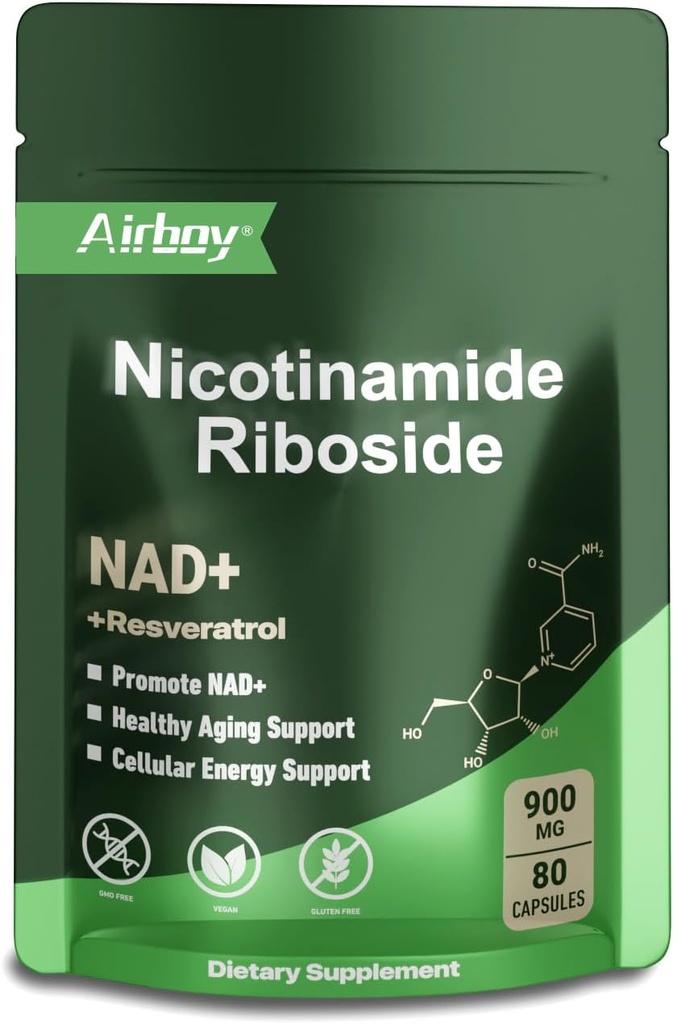 Airboy NAD supplément avec Nicotinamide Riboside Resveratrol & Quercetin 900 mg, NMNH Alternative pour les hommes et les femmes soutiennent anti-âge, énergie, focus - 80 capsules
