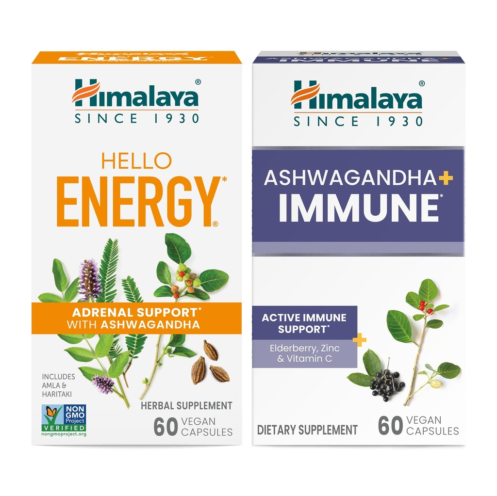 Himalaya Hello Energy avec Ashwagandha pour le support adrénal et l'énergie quotidienne et et Ashwagandha +Immune avec la vitamine C pour le support immunitaire actif, 60 capsules chacune - Bundle