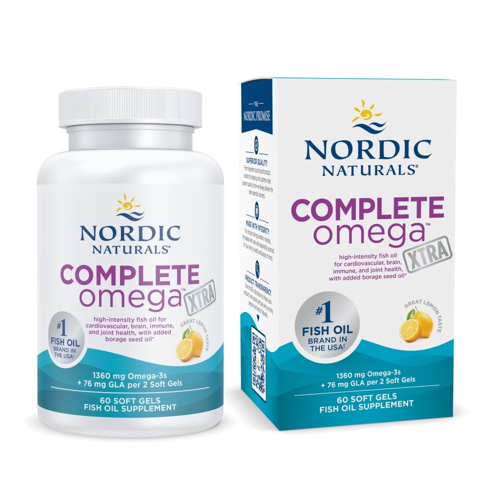 Nordic Naturals Complete Omega Xtra, Lemon - 60 Soft Gels - 1360 mg Omega-3 + 76 mg GLA - Gesunde Haut - Kognition - Non-GMO - 30 Servietten