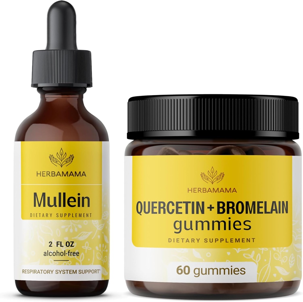 HERBAMA Mullein Leaf Extract and Quercetin Gummies Kit - Bündel von Mullein Leaf Tropfen 2 oz und 800 mg Quercetin mit Bromelain Gummies - Vegan, Non-GMO, Alkoholfrei - 2 Pack
