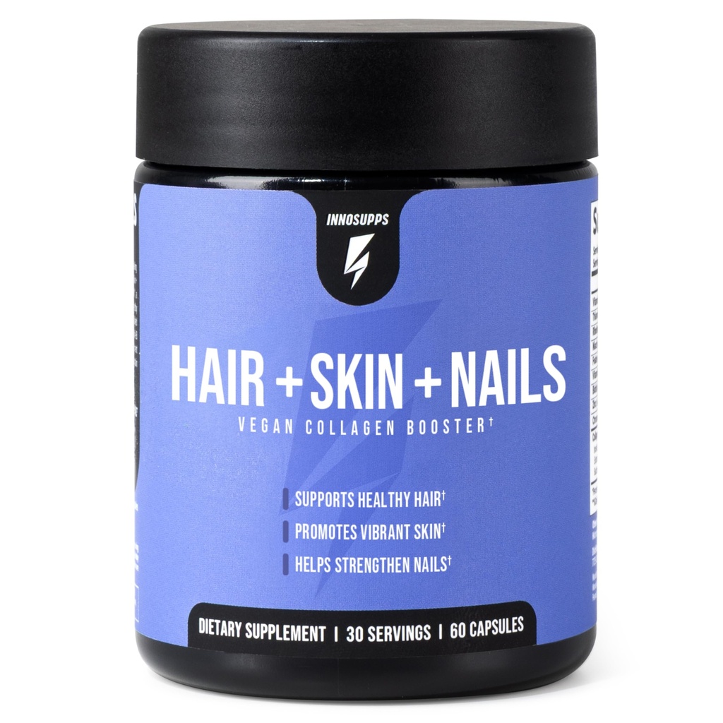InnoSupps Haar + Haut + Nägel Ergänzung | Vegan Collagen Booster | Biotin, B12, Pferdeschwanz Kräuter Pulver | Stimulieren Haarwachstum, Revitalisieren Haut, stärken Nails | 60 Kapseln