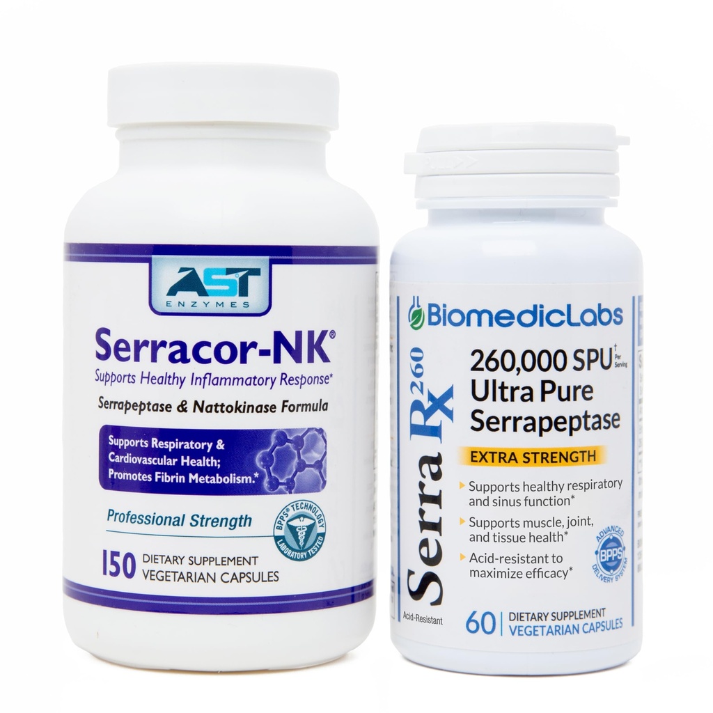 Serracor-NK & Serra-RX 260.000 SU - Scar Tissue Bundle (150 Kapseln & 60 Kapseln) - Säurebeständige Serrapeptase Proteolytic Systemic Enzyme, Respiratory & Lung Support