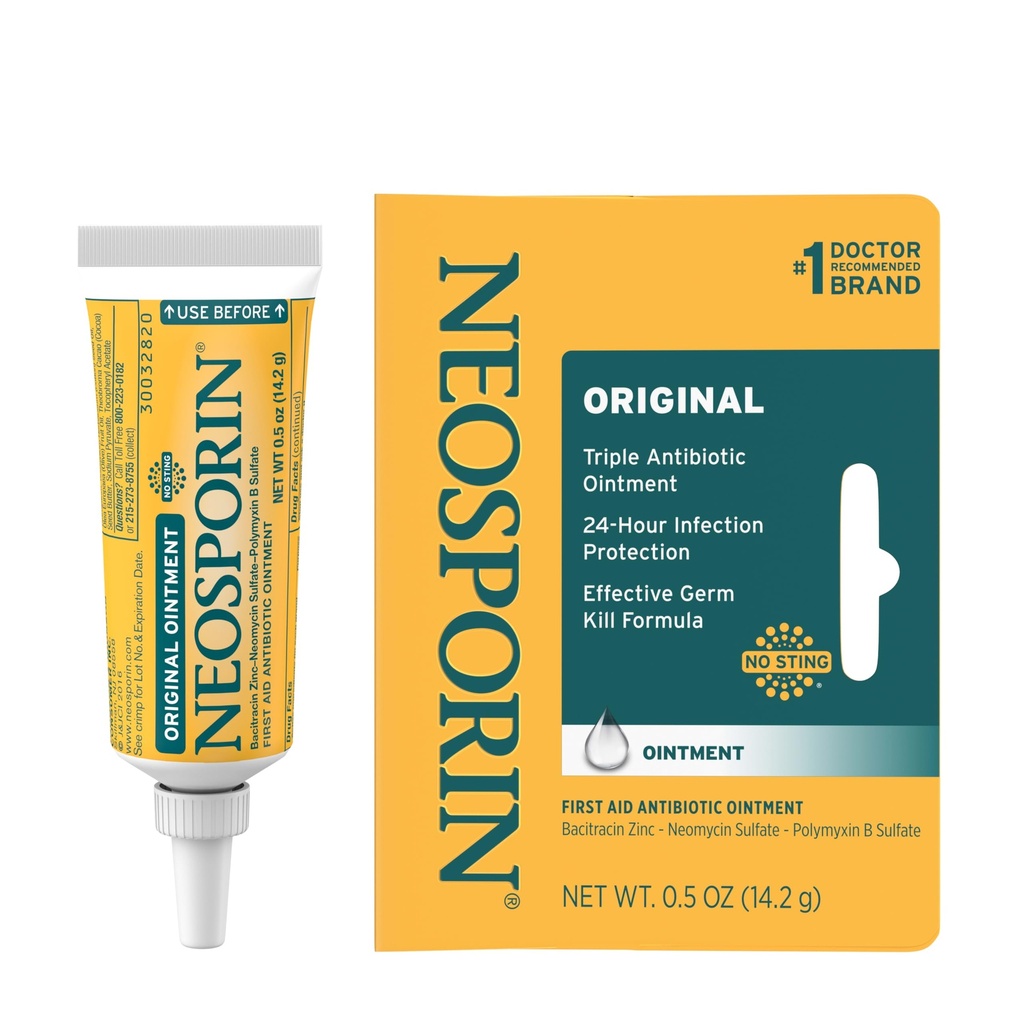 Neosporin Original Erste Hilfe Antibiotische Salbe mit Bacitracin Zink für Infektionsschutz, Wound Pflege Behandlung & Narben Aussehen Minimizer für Minor Cuts, Scrapes und Burns,.5 Unze
