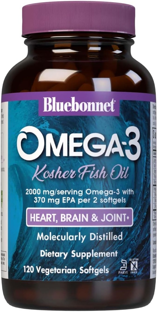 Bluebonnet Nutrition Omega-3 Kosher Fish Oil, Natural Triglycerid Form, Glutenfrei, Dairy-frei, Kosher Zertifiziert, Non-GMO, 3. Partei Getestet, Molekular destilliert, 120 Vegetarisches Softgel, 60 Servieren