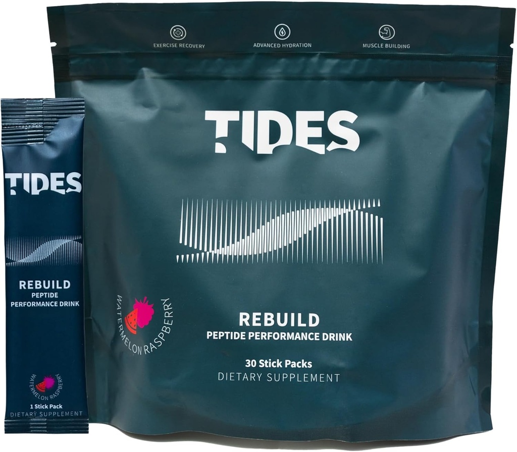 Tides Rebuild Complex Peptide Stick Pack, Watermelon Rasberry, Flavored Powder Drink Mix Packs für Muskel-Gesundheitsunterstützung, 30 Stick Packs