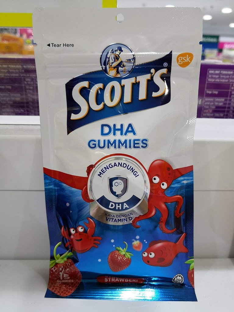 Scott's DHA Gummies, Strawberry Flavour, 15s,Vitamin D,Essential for Healthy Growth & Development in Children and Healthy Immune Function.