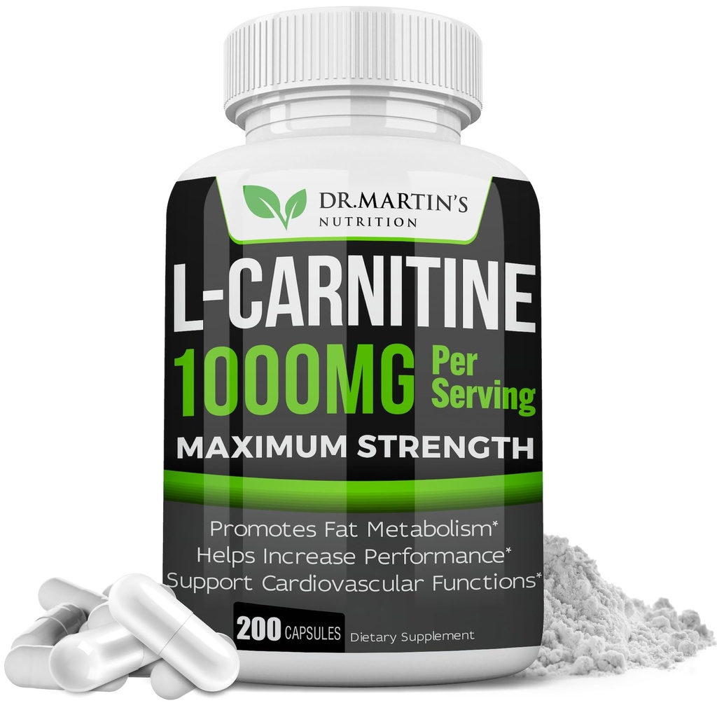NUTRITION DE DR. MARTIN Extra Strength L-Carnitine - 200 capsules - 1000mg par portion - stimuler votre métabolisme et augmenter votre performance