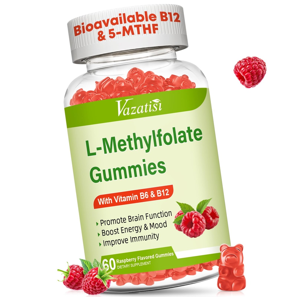 L-méthylfolate 15 mg Gommies avec du méthyl B12, supplément de folate pour l'humeur, santé du cerveau, soutien immunitaire, parfum de framboise, 60 comte