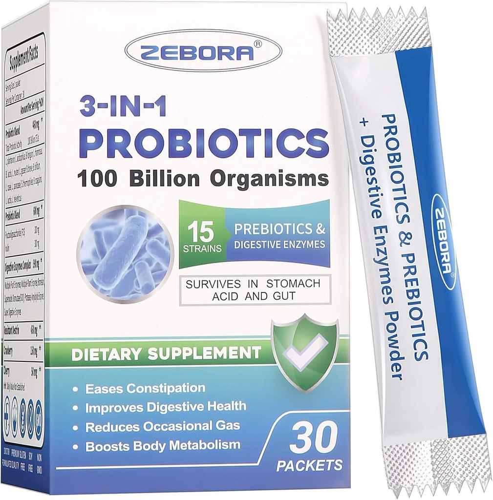 Probiotiques pour les femmes et les hommes - 100 milliards d'enzymes et prébiotiques digestifs, plus grande puissance 3-en-1 Probiotiques complets pour la santé digestive, soutien immunitaire