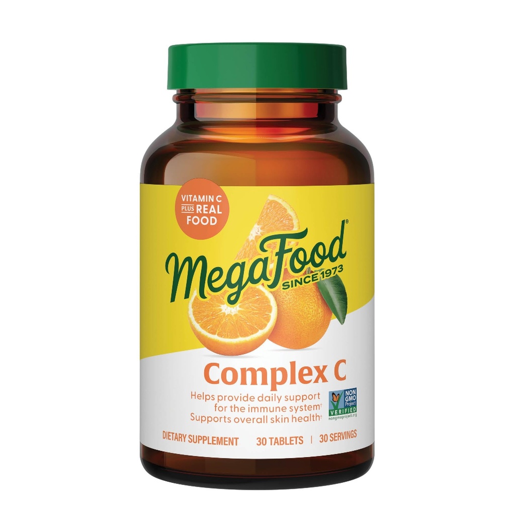 Complexe MegaFood C - Supplément de soutien immunitaire végétalien avec vitamine C 250 mg, fait avec de la nourriture réelle incluant orange, canneberge et riz brun, sans gluten, casher - 30 comprimés, 30 portions