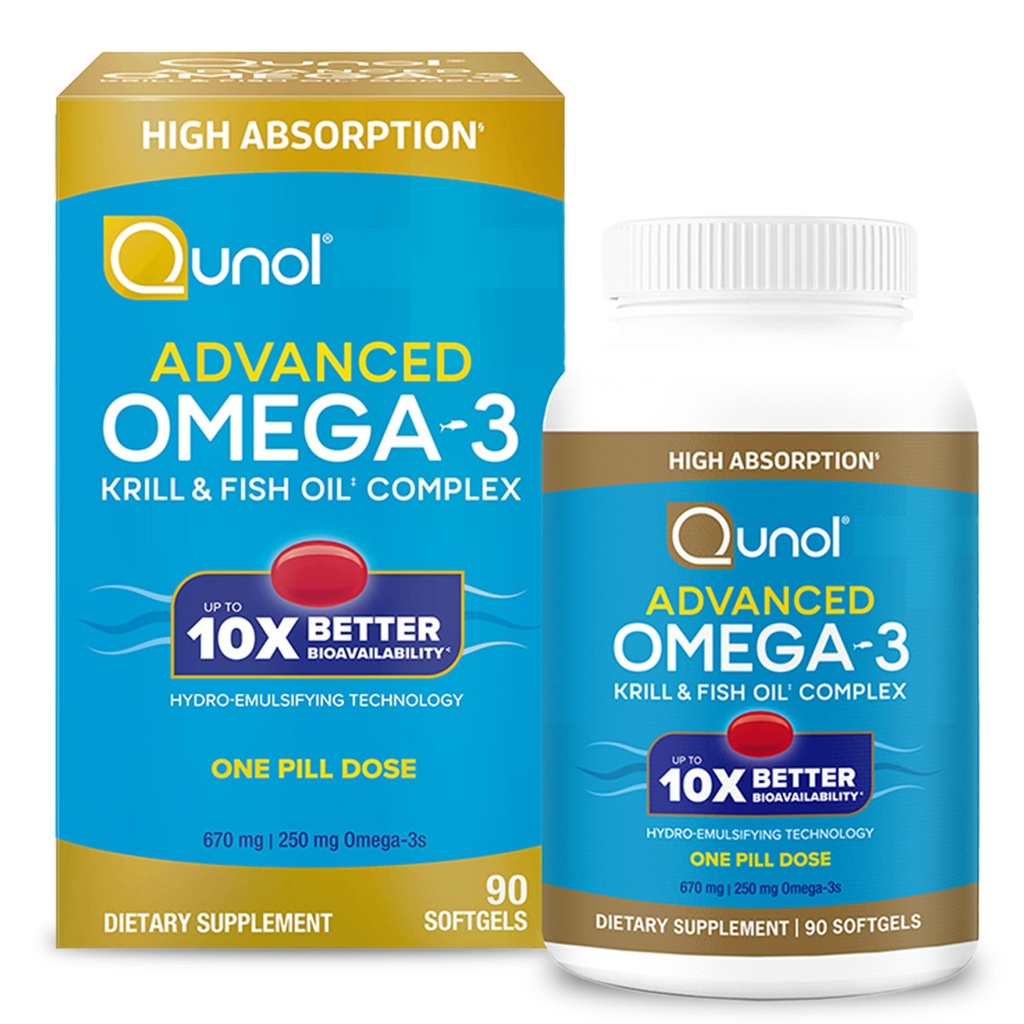 Qunol Advanced Omega 3 Krill und Fish Oil Complex, 10x Bessere Bioverfügbarkeit, Eine Pille Dose, 250mg EPA & DHA, unterstützt Gehirn, Auge, Herz und Gelenke Gesundheit, 90 Count (Pack von 1)