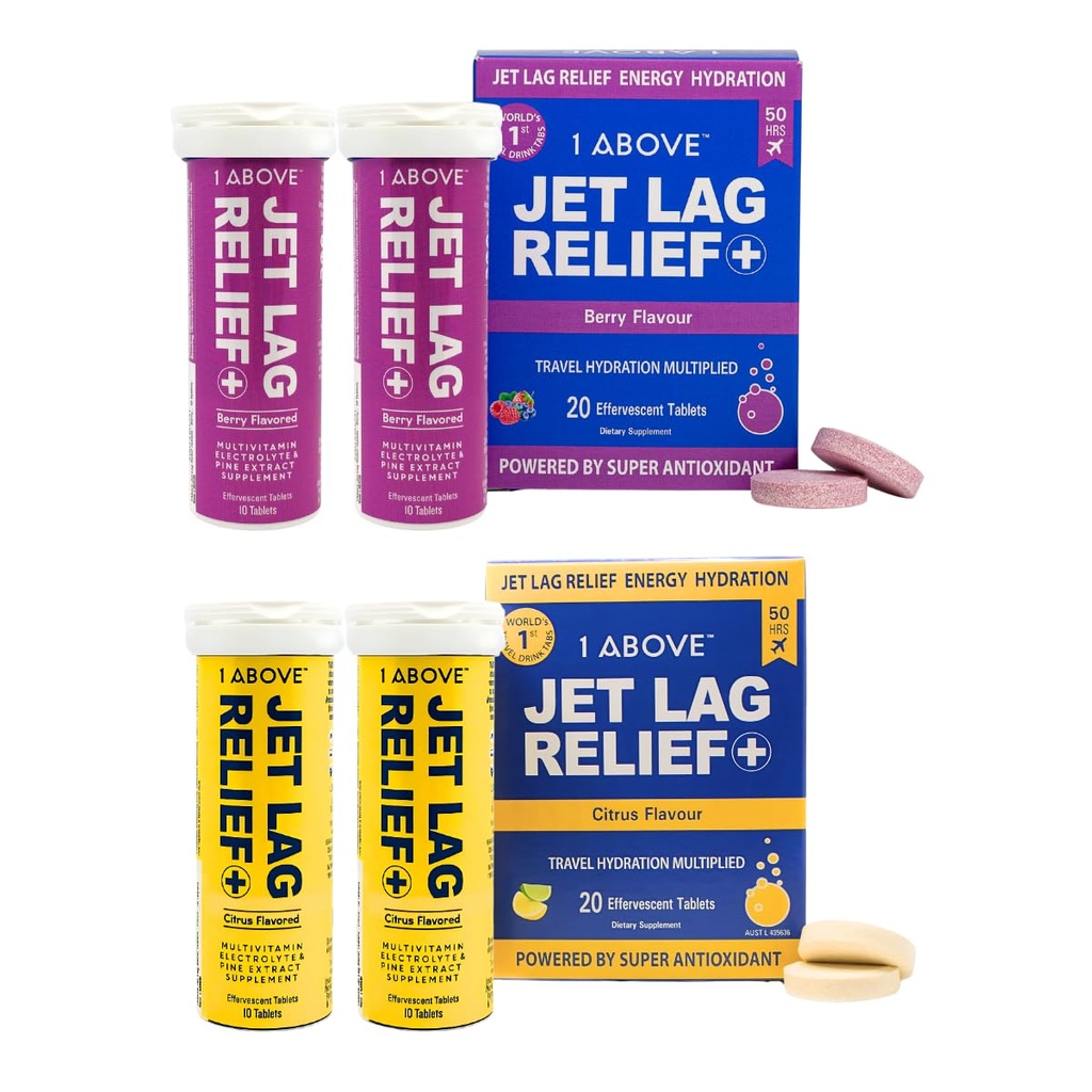 1ABOVE Jet Lag Relief Effervescent Multivitamin mit Pycnogenol Travel Supplement für Hydration, Energie, Immununterstützung und schnellere Erholung - Flight Essential - Citrus 20 Count und Berry 20 Count