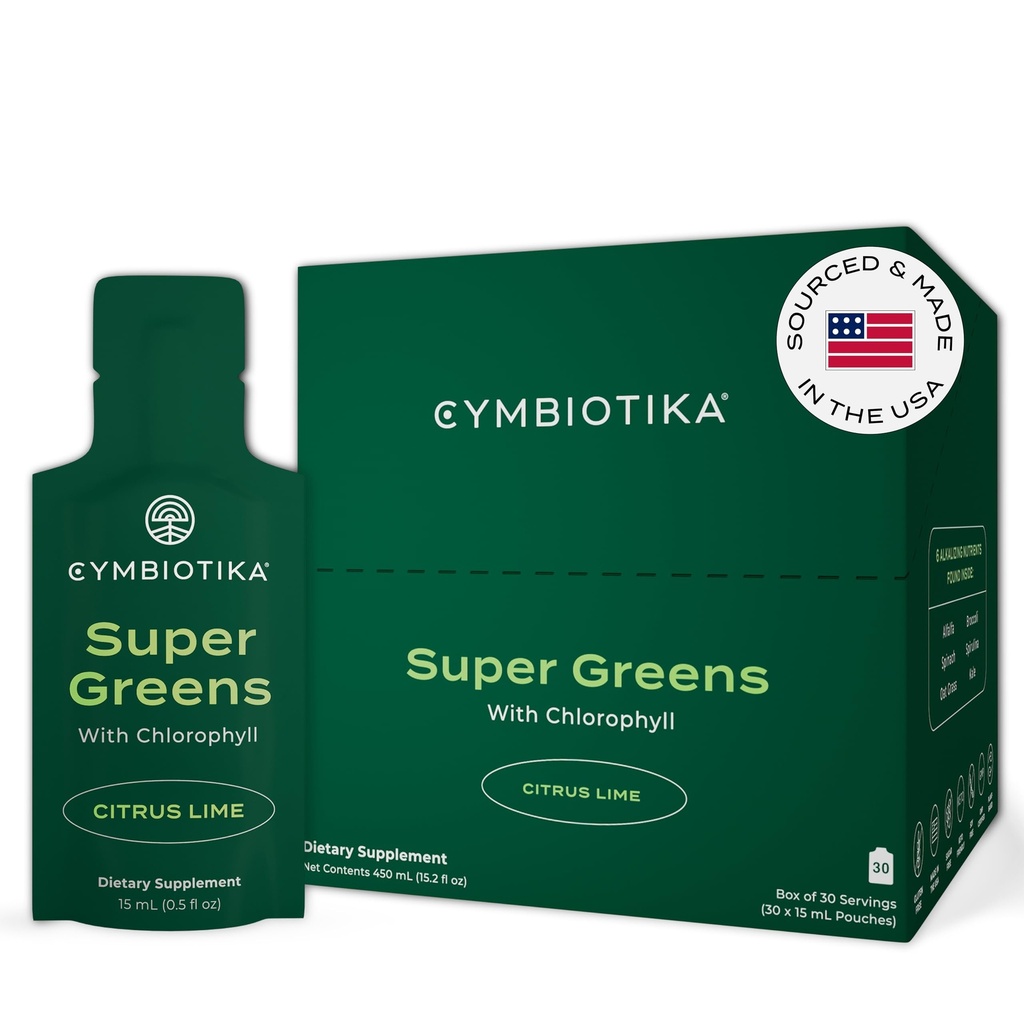 Supplément CYMBIOTIKA Super Greens avec Chlorophylle, Spiruline, Packs de superaliments véganes quotidiens pour la santé des gourdes digestives, la détox, l'énergie et le soutien immunitaire, Arôme Lime d'agrumes, 15 ml Pouches, 30 Pack