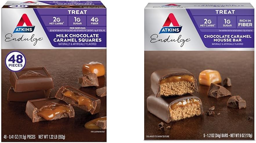 Atkins Endulge Lait Chocolat Caramel Caramel Squares 48 Bars de mousse Caramel et Chocolat 5 Bundle