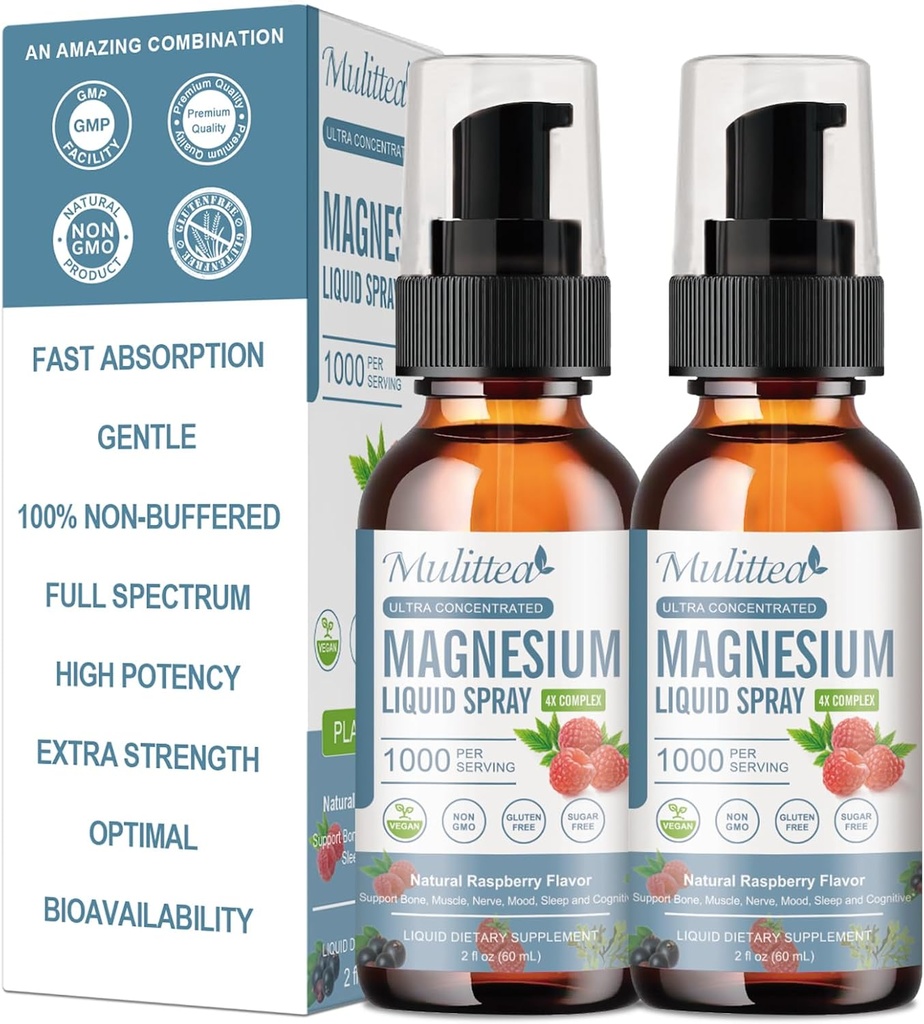 Magnesium Glycinat Flüssigkeit mit Citrat, Taurat, Malate-Magnesium-Komplex Tropfen Spray w/Potassium L-Theanin-High Absorption -Vegan, Zuckerfrei, 2 Fl.oz