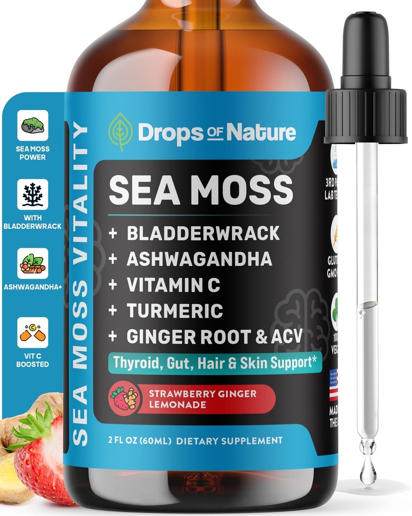 Ashwagandha & Turmeric Liquid Drops - Vitamin C, Sea Moss, Apfelessig, Bladderwrack - Vegan Liquid Drops für umfassende Wellness Unterstützung & Vital Immunität (Strawberry Ginger Lemonade, 60mL)
