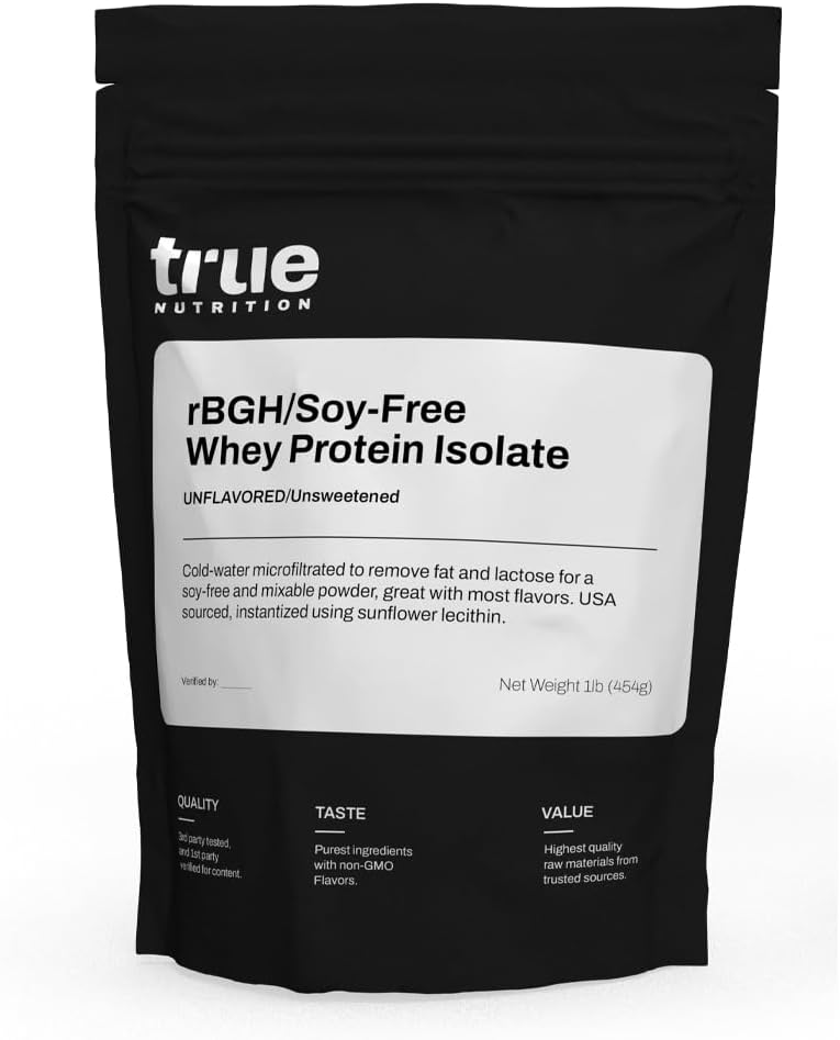 True Nutrition - rBGH/Soy Free Whey Protein Isolate [Milk] - 100% Gras Fed Whey Protein Pulver mit essentiellen Aminosäuren - Keine Hormone oder Antibiotika (Unflavored/Unsweetened, 1 lb)