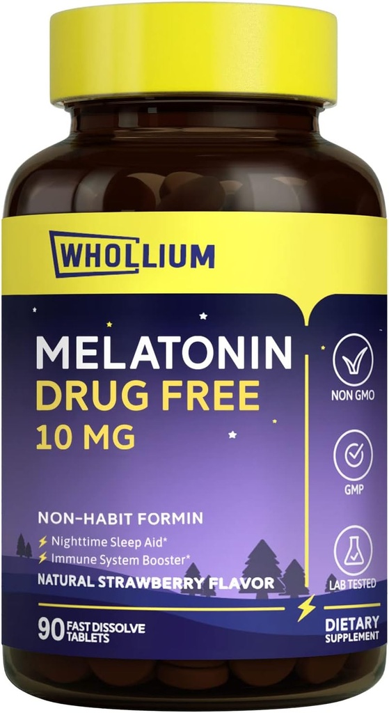 Mélatonine 10 mg, Saveur naturelle de fraises, Facile à meler, repos nocturne, calme mental, 90 onglets