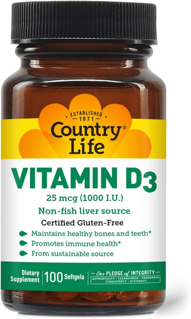 Country Life Vitamin D3, Non-Fish 1000 IU, 100 Softgels, zertifiziert Glutenfrei