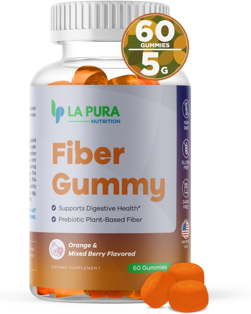 LaPura Prebiotic Chicory Root Fiber Gummy 5g, 60 Gummis - Unterstützt Verdauungsgesundheit, Prebiotic Plant-Based Fiber Blend - Orange & Mixed Berry Flavor - Non-GMO, Gluten-Free, Made in USA
