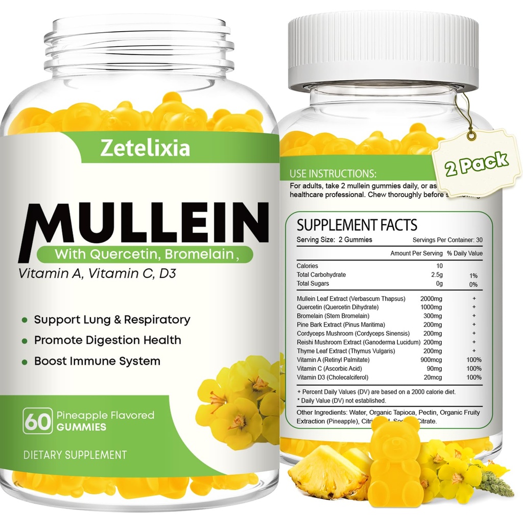 Mullein Gummies für klare Lunge, 10 in 1 Mullein Blatt Extrakt für Lunge, Mullein Quercetin Gummies für Lung Cleanse, Respirator, Immune, Ananas Flavor, 120 Zähler