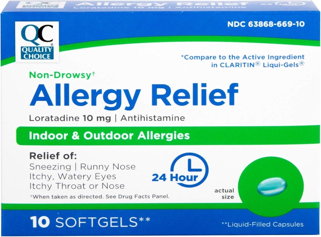 Quality Choice Allergy Relief, 24 Hour Non Drowsy Allergy Relief für Indoor & Outdoor Allergien, Antihistamin Loratadine 10 mg, Liquid Filled Softgels, 10 Count