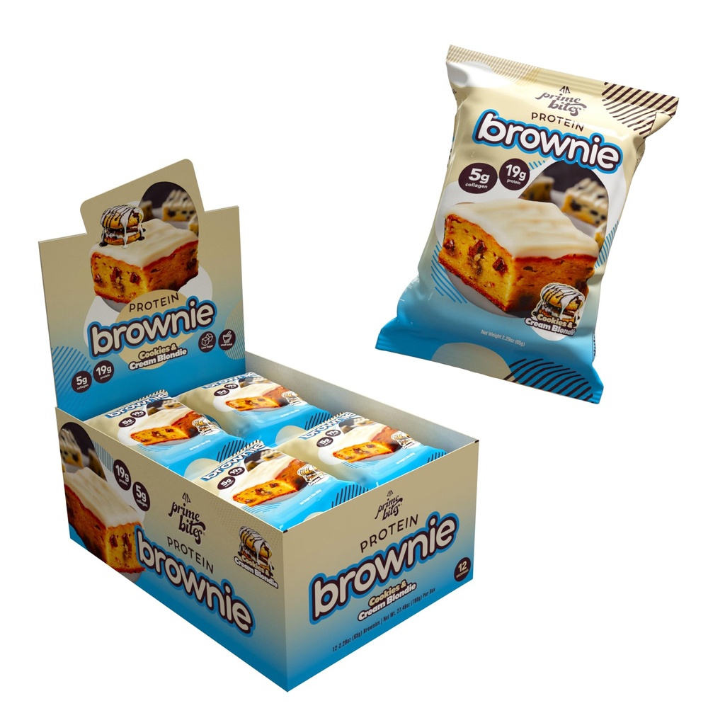 Prime Bites Protein Brownie von Alpha Prime Supplements | High Protein, Collagen Fortified Low Sugar Treat | Delicious Snack | 12 Bars pro Box (Cookies & Cream Blondie)