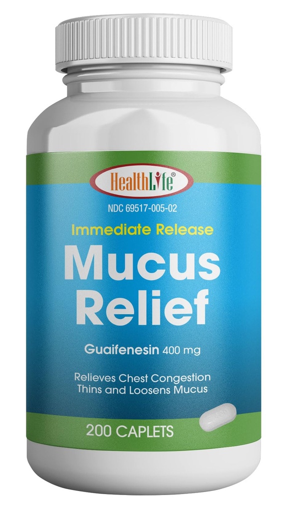 SANTE LFE Mucus Relief Guaifenesin Caplets 400 mg, libération immédiate Expectorant à action rapide, Mucus mince et losens, soulage la congestion thoracique, la toux, le froid et la grippe (Moyen, 200 comte)
