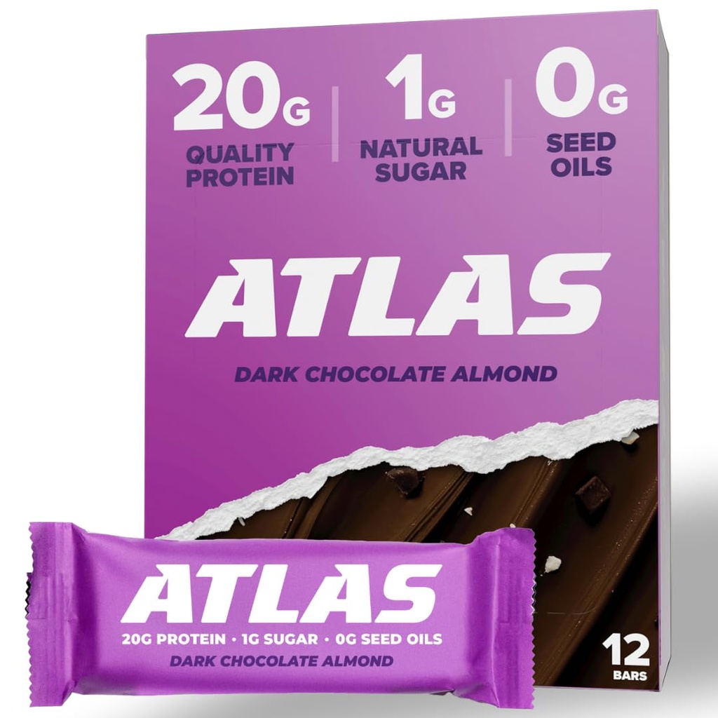 Atlas Bar – 20g Protein, 1g Zucker, 0g Samenöle, 0g Künstliche Süßungsmittel (Dark Chocolate Almond, 12 Count)