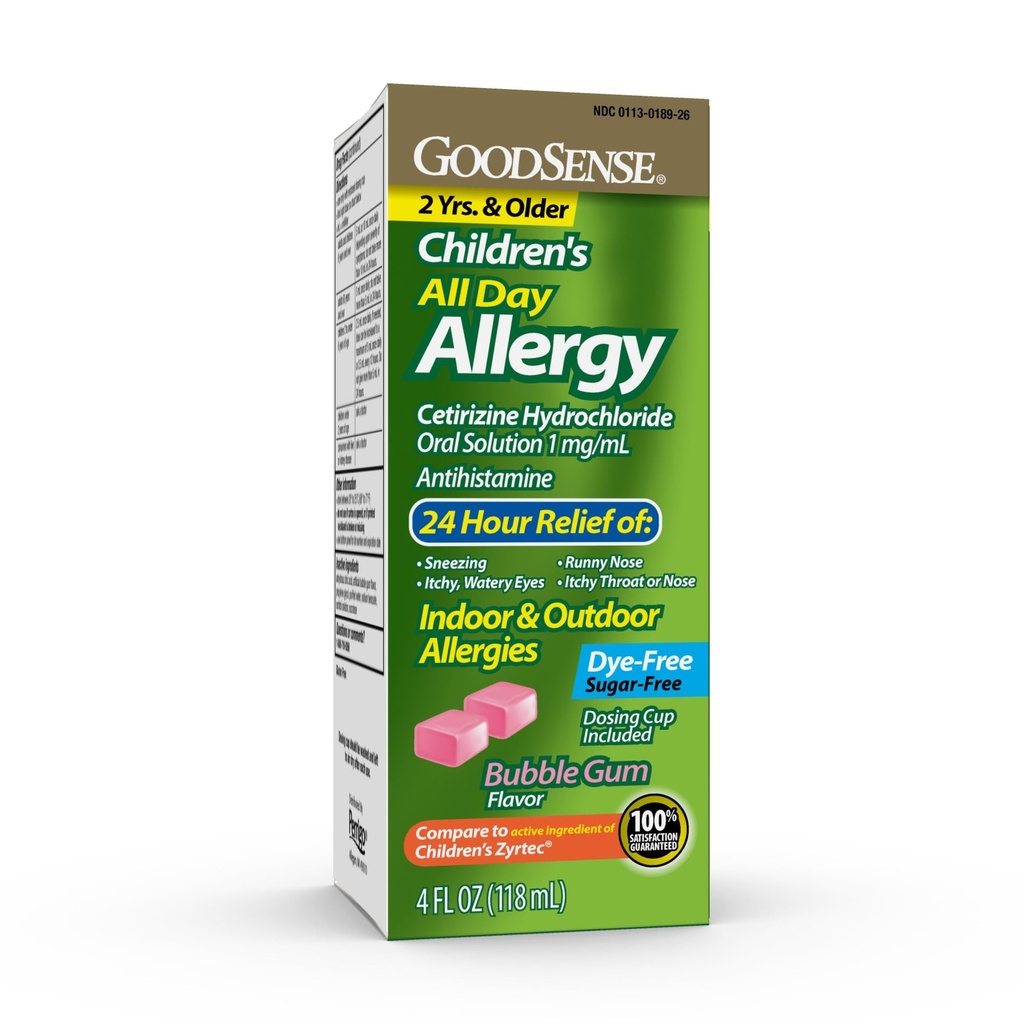 GoodSense Kinder Allergy Relief, Cetirizine Hydrochlorid Oral Lösung 1 mg/mL, Bubble Gum Flavor, Farbstofffrei, Zuckerfrei, 4 flüssige Unze