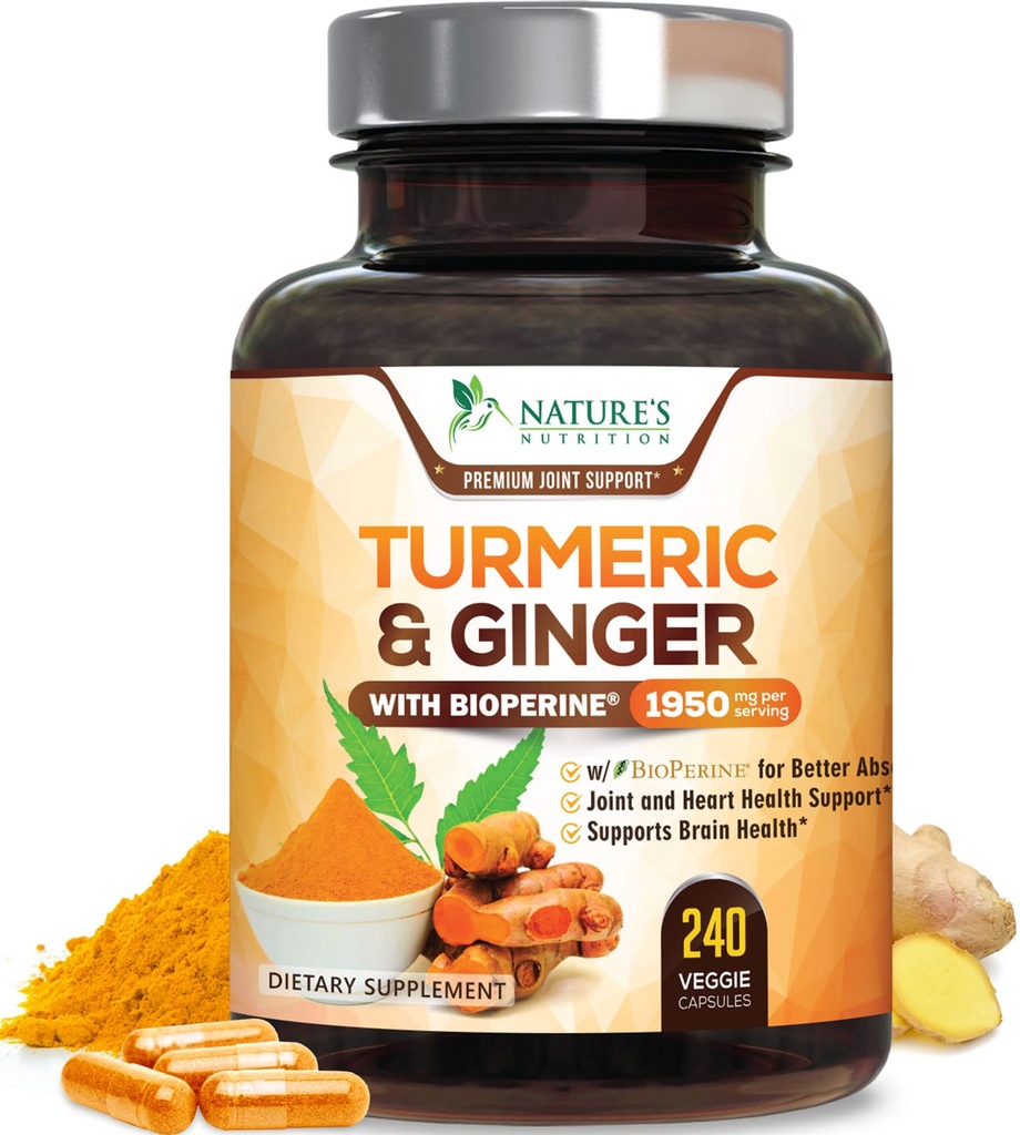 Kurkuma Ergänzung 1950mg - 95% Curcuminoide mit Organic Turmeric & Ginger, BioPerine Black Pepper für beste Absorption, Nature's Vegan Joint Support, Non-GMO, Bottled in USA - 240 Kapseln