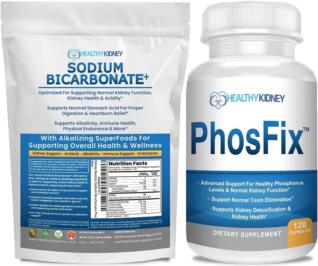 Bio-Natriumbicarbonat Alkali-Zusatz Bundle: 1LB-Pulver für Alkalinität, Nieren- & Säure-Unterstützung + PhosFix 120 Pillen Phosphor-Binder für gesunde Phosphor-Level & Nierensuppe