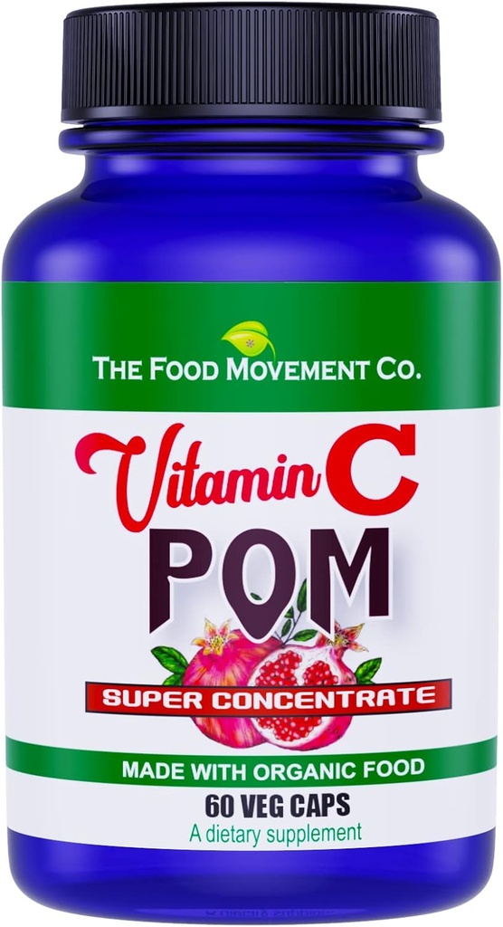 The Food Movement Vitamin C Pom - Granatapfel Superfood Konzentrat kombiniert mit 100% pflanzlichen Vitamin C von Bio Acerola Kirsche und Camu Camu- Vegan - Glutenfrei - 60 Kapseln