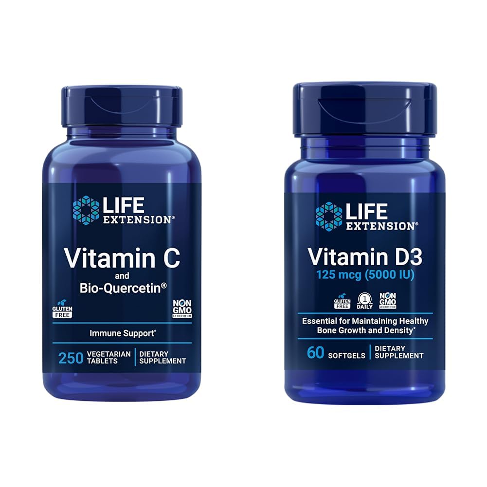 Lebensverlängerung Vitamin C & Quercetin Plus Vitamin D3 5000 IU - 250 Tabletten Vitamin C Immununterstützung Plus 60 Vitamin D3 Softgele für Knochen, Gehirn und Immungesundheit