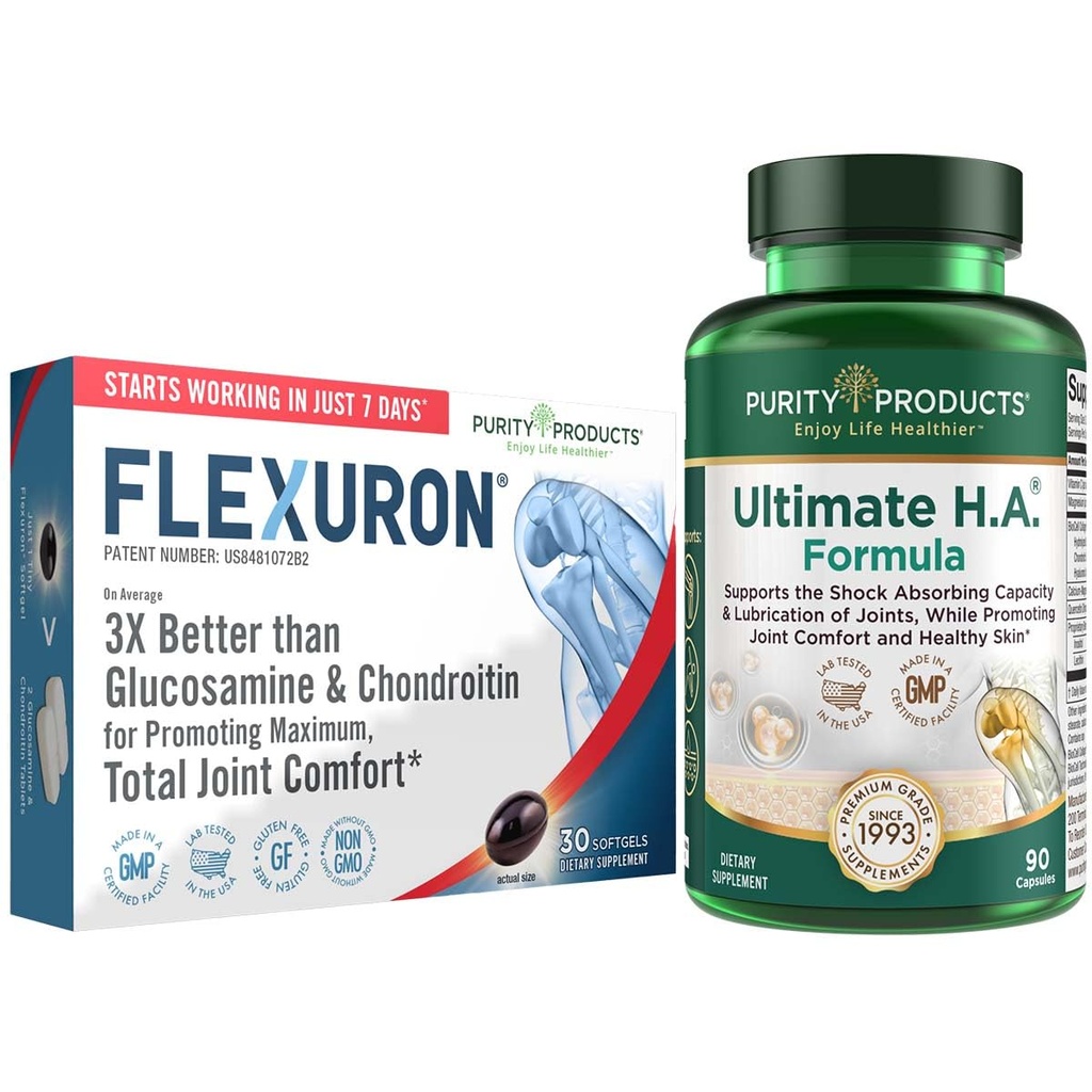 Produits de pureté Flexuron Formule articulaire + Ultimate HA Flexuron (huile de krill, acide hyaluronique à faible poids moléculaire, astaxanthine) - Ultimate H.A. (Collagène de BioCell, Quercetin, acide hyaluronique + Plus)