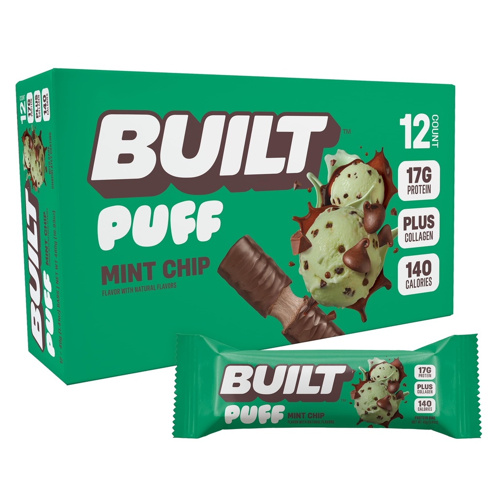Erbaute Bar, Puff Protein Bars, Mint Chip Puff, 17g Protein Snacks, On-The-Go Bars, Nur 140 Kalorien, 6g Zucker, Kollagen, Glutenfrei, 12 Zähler