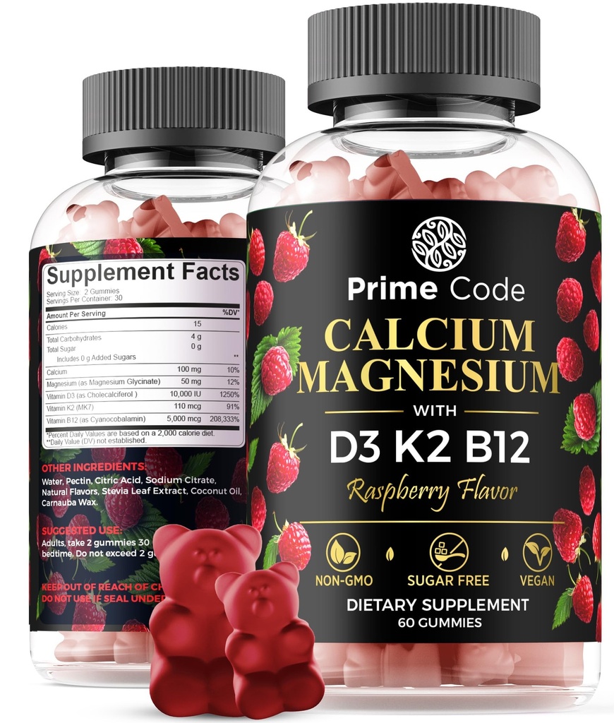 [ 5 in 1] Kalziumgummis für Damen und Herren mit Magnesium Vitamin B12 Vitamin K2 & Vitamin D3 | Kalziumergänzung für Erwachsene 100mg, Magnesiumergänzung für Erwachsene 50mg | Vegan | Non-GMO