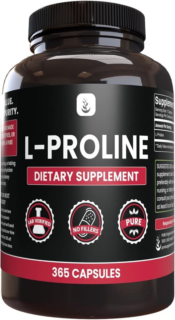 PURE ORIGINAL INGREDIENTS L-Proline (365 Kapseln) Kein Magnesium oder Reisfüller, Immer rein, Lab Verifiziert