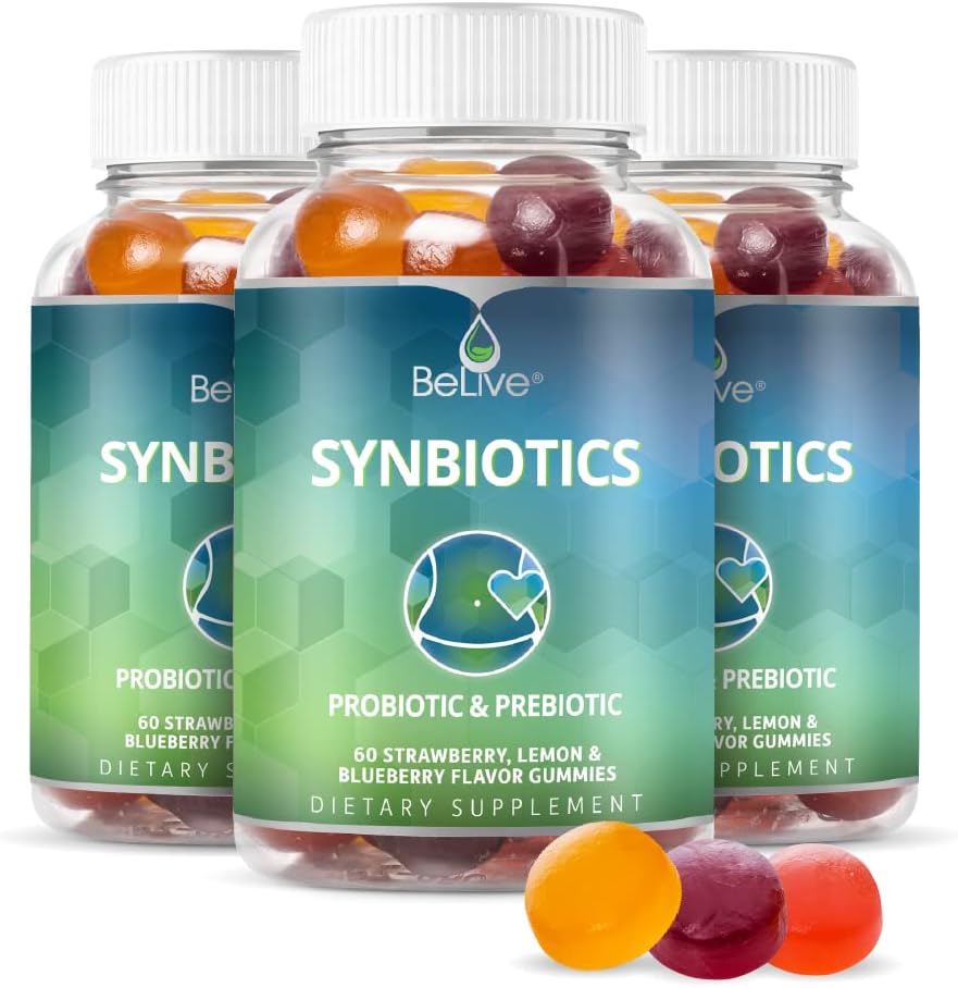 BeLive Synbiotics - Probiotic & Prebiotic Fiber Gummis – High Strength Inulin (3g), Nahrungsfaserergänzung, Verdauungsunterstützung für Kinder & Erwachsene - Erdbeere, Zitronen, Blaubeeren Geschmack | 3-Pack