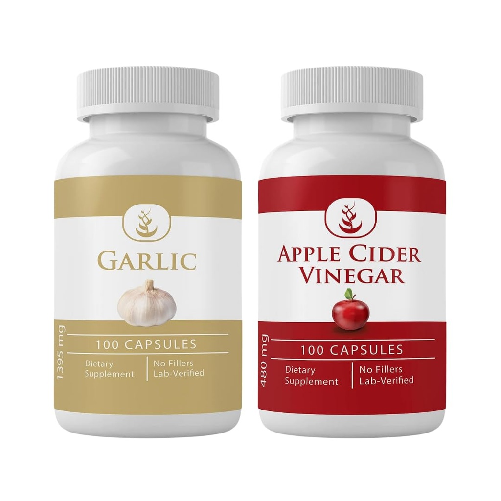 PURE ORIGINAL INGREDIENTS Knoblauch & Apfel Apfelessig Kapsel Bundle (100 Kapseln jeder), keine Zusatzstoffe oder Füllstoffe, Lab Verified