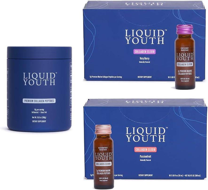 Collagène Peptides Poudre et Collagène liquide Elixir Shots pour les femmes et les hommes - Type I et III Premium Herbacé Bovin et Collagène Marine - favorise la croissance des cheveux, la peau, les ongles, les os et la santé articulaire (50 portions)