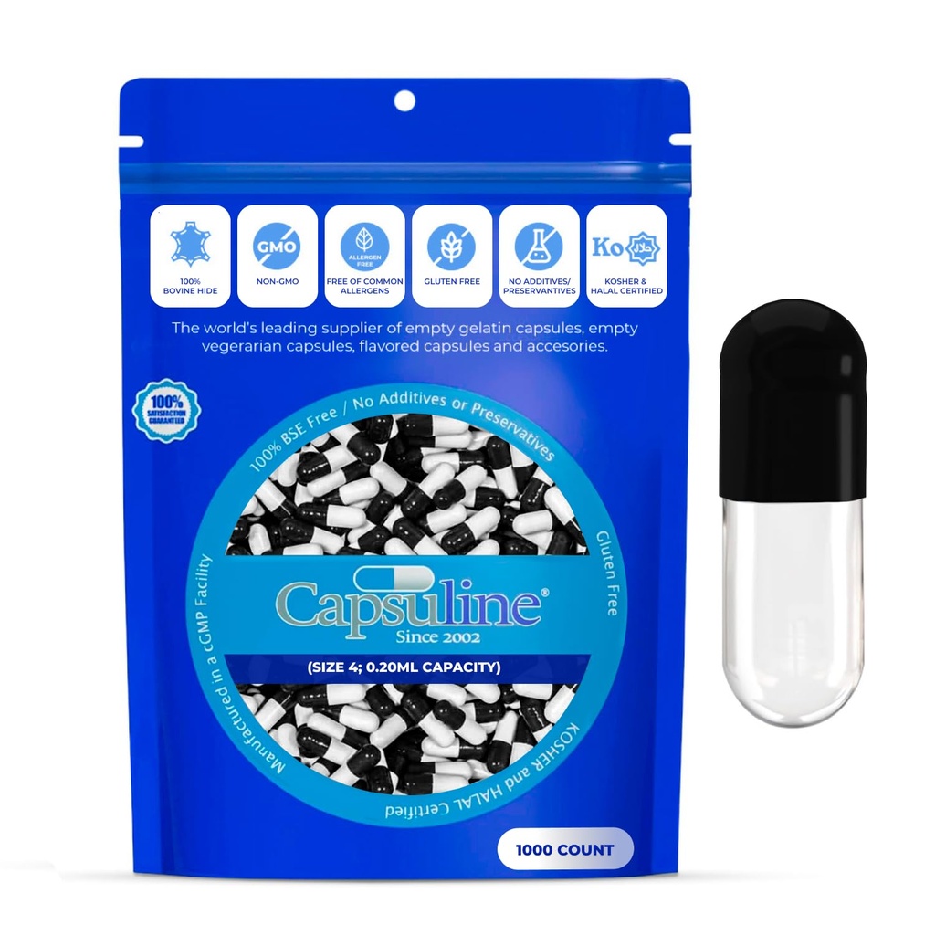 Capsuline Taille 4 Capsules de gélatine vides, Noir/Clear - 1000 Count.