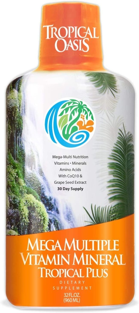 Tropical Oasis Mega Plus - Liquid Multivitamin and Mineral Supplement – Includes 85 Vitamins & Minerals, 20 Amino Acids + CoQ10, Grape Seed Extract & Organic Aloe Vera - 32oz, 32 Servings, 33460