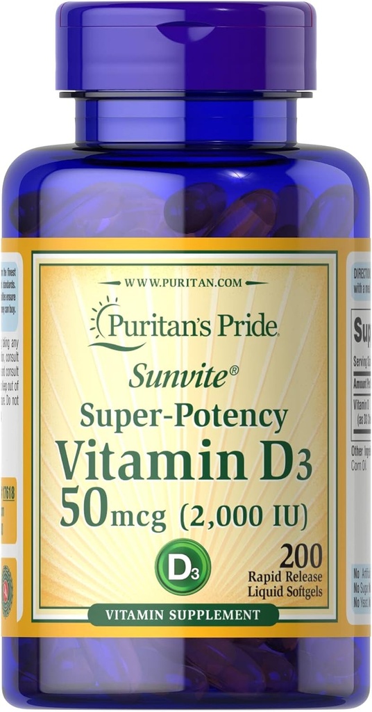 Vitamin D3 50mcg (2.000 IU) Bolster Immungesundheit durch Puritan's Pride zur Unterstützung von Immun-Gesundheit und gesunden Knochen und Zähnen 200 Softgels