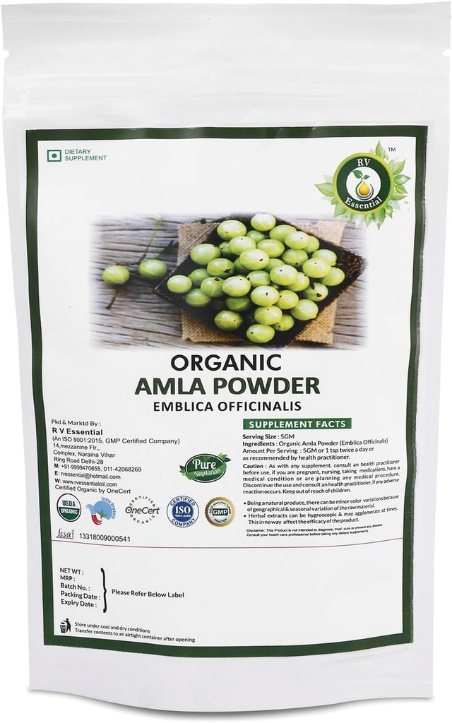 R V Essential Organic Amla Powder 100gm/ 3.53oz/ 0.22lb- Emblica Officinalis Amla Fruit Powder for Hair USDA Organic Certified Ayurvedic Herbal Supplement in wiederverwendbarem Zip Lock Pouch