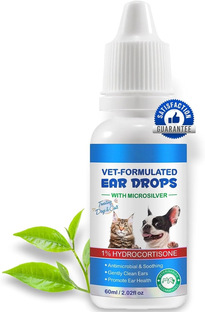 Ohr Tropfen für Katzen & Hunde-Dog Ohr Infektionsmedikation-Ear Mites Behandlung-Dog Hefe beruhigende Reinigung mit 1% Hydrocortison-Clean Pet Earwax-Mild und Effective-60ml