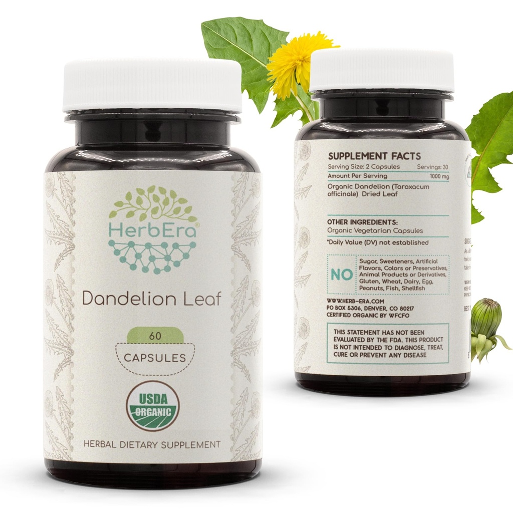 HerbEra Dandelion Leaf USDA Organic 60 Kapseln | Natürliche Kräuterergänzung | Certified Organic Vegetarian Capsules and Organic Dandelion (Taraxacum Officinale) Getrocknete Blatt (60 Kapseln)