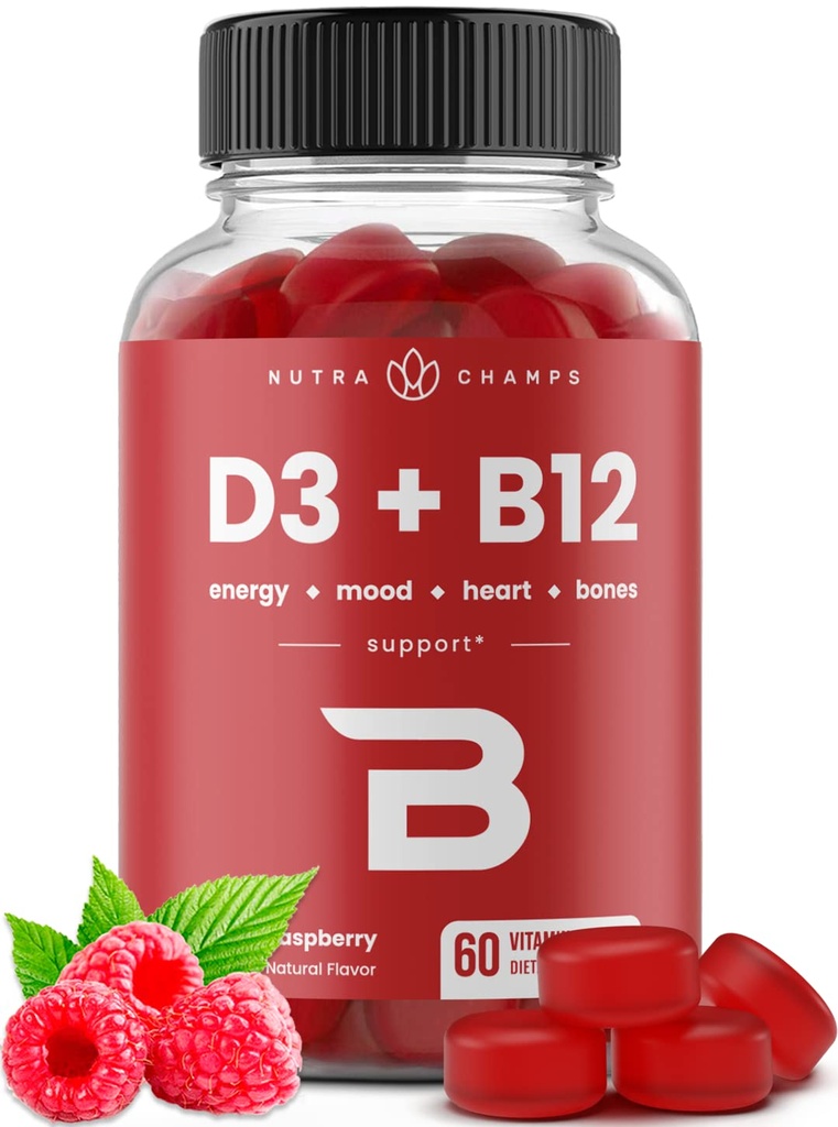 NutraChamps Vitamin D3 & B12, Methyl B12 Gummi für Erwachsene & Kinder, Enhanced with Vitamin D 3 & B9 Vitamin Folate, Natürliche Energie, Stimmung, Stoffwechsel & Fokus, Raspberry, 60 Gummis