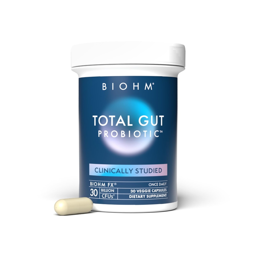 BIOHM Probiotique total, 30 milliards de CFU Probiotiques quotidiens pour les femmes et les hommes (30 comtes) aide à réduire le gaz occasionnel et le blottis, soutient la digestion et la santé totale Gut, non-OGM, végétalien